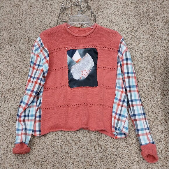 Jeaniemade Scrapwear Sweaters - 3231 Size XXL Upcycled Sweater Button Down Shirt Combo. In Blue and Salmon Color